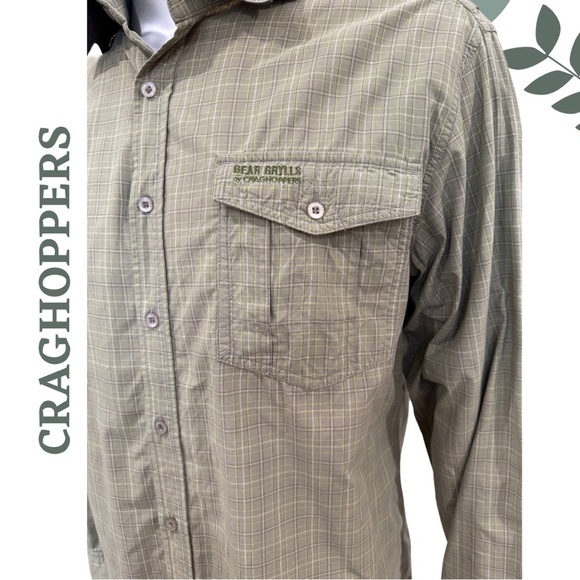 🛍️3/$40 Craghoppers Bear Grylls Long Sleeve Outdoor Shirt Green Plaid Medium - Picture 7 of 8